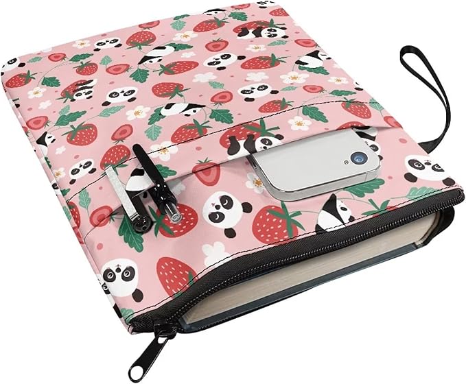 COEQINE Kawaii Book Sleeve Cover for Women Girls Back School Work Strawberry Panda Book Covers Pouch for Book Lovers Portable Book Pouch