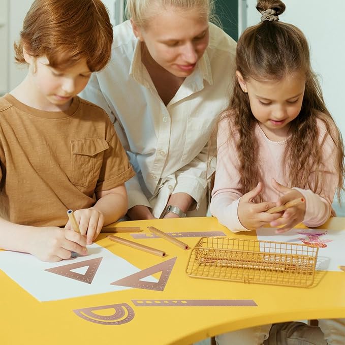 5 Pcs Metal Geometry Set, Math Drafting Ruler Kit- Aluminum Triangle Rulers, Protractor, 8 Inch and 6 Inch Drawing Ruler, Measuring Tool for School and Office (Metric and Inch, Gold)