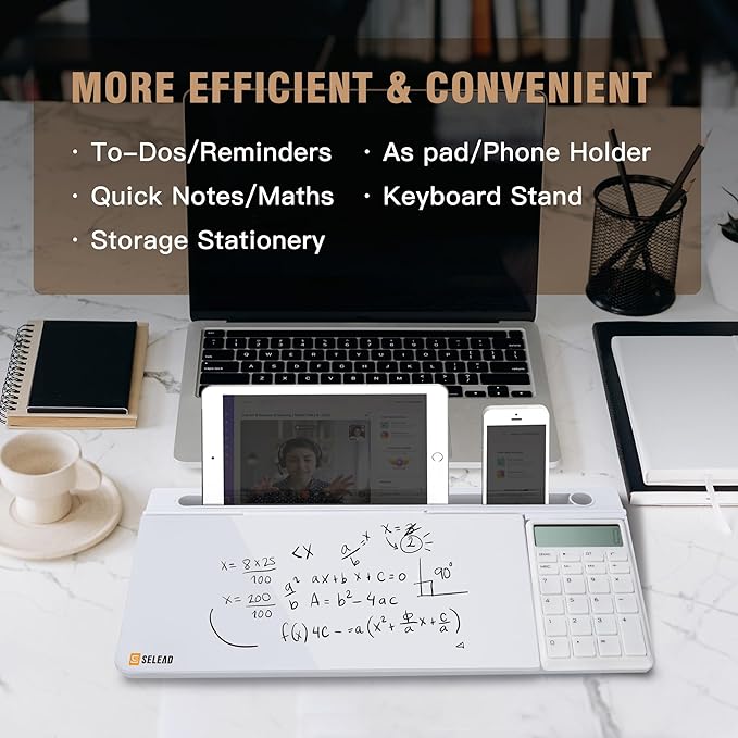 SELEAD Desktop Glass Whiteboard with Calculator, Organizer, Markers, Eraser, Holder - Small Dry Erase White Board Computer Pad Keyboard Stand for Home, School, Office Desk Cubicle Accessories