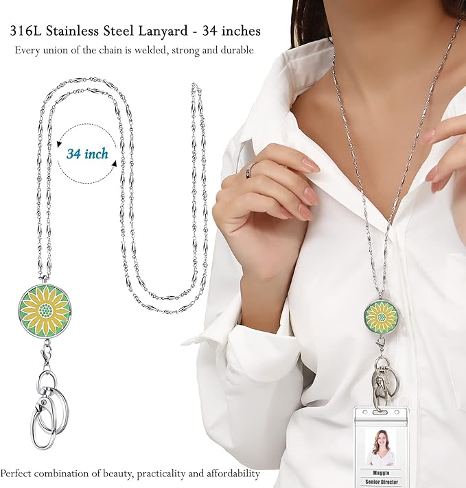 Lanyards for Women - Teacher Lanyards for ID Badges and Keys Stainless Steel Necklace Lanyard with ID Holder, Teacher Appreciation Gifts Sunflower Female Employee Nurse Accessories Work Office Jewelry