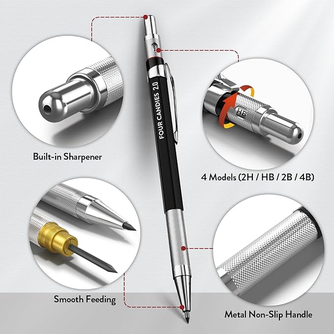 Four Candies 3PCS 2MM Mechanical Pencils with case, Artist Lead Pencil Metal Lead Holder with 120 Graphite Lead Refills(HB 2H 2B 4B Color), 4 Erasers, Sharpener, Drafting Pencil for Drawing, Sketching