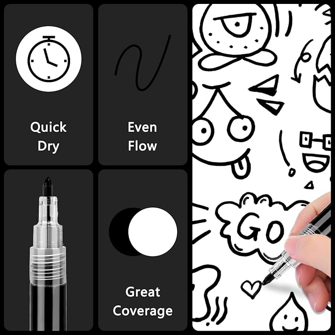 SFAIH Acrylic Black Paint Pens - 8 Pack 2-3MM Medium Tip & 0.7MM Extra Fine White Paint Marker for Rock Painting, Wood, Metal, Fabric, Plastic, Canvas, Glass, Ceramic, Diy Crafts