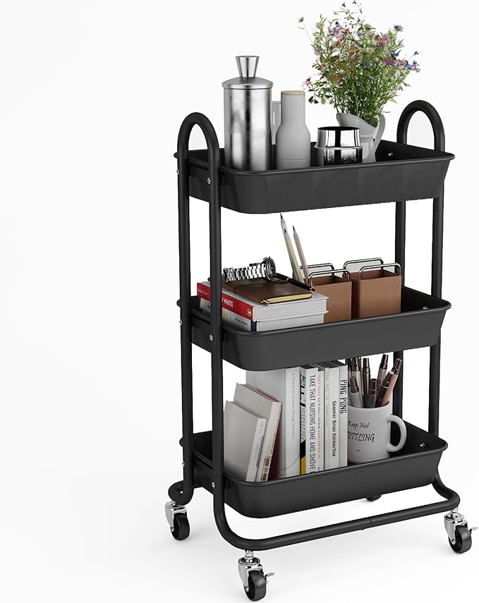 3-Tier Black Utility Rolling Cart,Kitchen Storage Carts with Wheels,Black Metal Rolling Cart for Office,Home,Kitchen,Garden（18"x11.4"x31.2"）