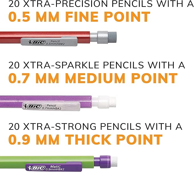 BIC Variety Pack, Assorted Sizes, 0.5mm, 0.7mm, 0.9mm, Refillable Design for Long-Lasting Use (Pack of 3, 180 Count Total)