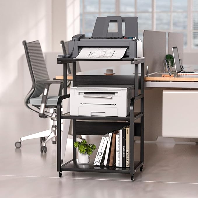 Large Printer Stand with 3-Tier Wood Storage Shelves -Multi-Purpose Desk Organizer- for Printer Scanner Fax Home Office Use with Wheels (Black)