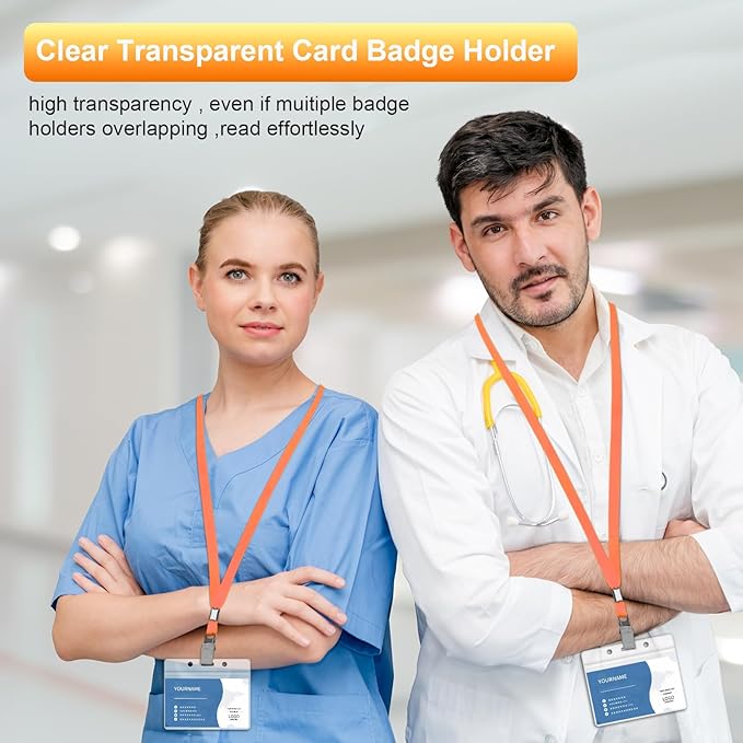 100 Pcs Lanyards for ID Badges and 100 Pcs Clear Name Tag Holders Reusable Lanyard with Clip Plastic ID Card Badge Holder Name Badges for Adults Kids Business School Office Supplies (Orange)