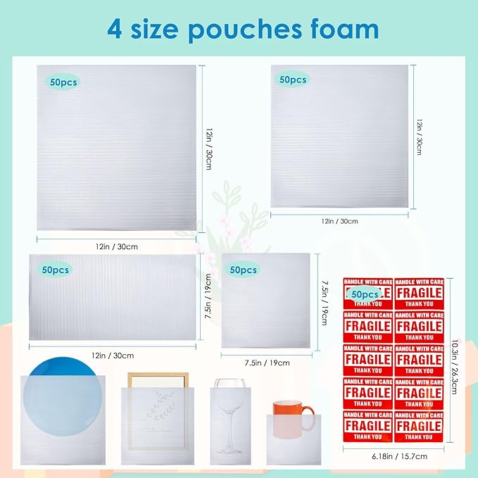 200Pack Cushion Foam Pouches wrap pouches dish packing kit(7.5"x7.5",7.5"x12",12"x12",14"x14") Packing Moving Supplies for Moving Fragile Items for Packing Storage and Shipping with50Fragile Stickers