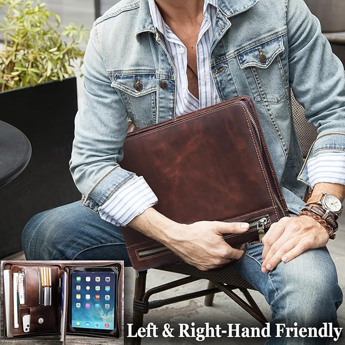Portfolio Binders - Genuine Leather Padfolio - Business Notebook Organizer w/Zipper and Handle for Resume & Work - Padfolio for Men & Women w/Notepad Fit iPad Pro 12.9" / Portfolio with AirTag Holder