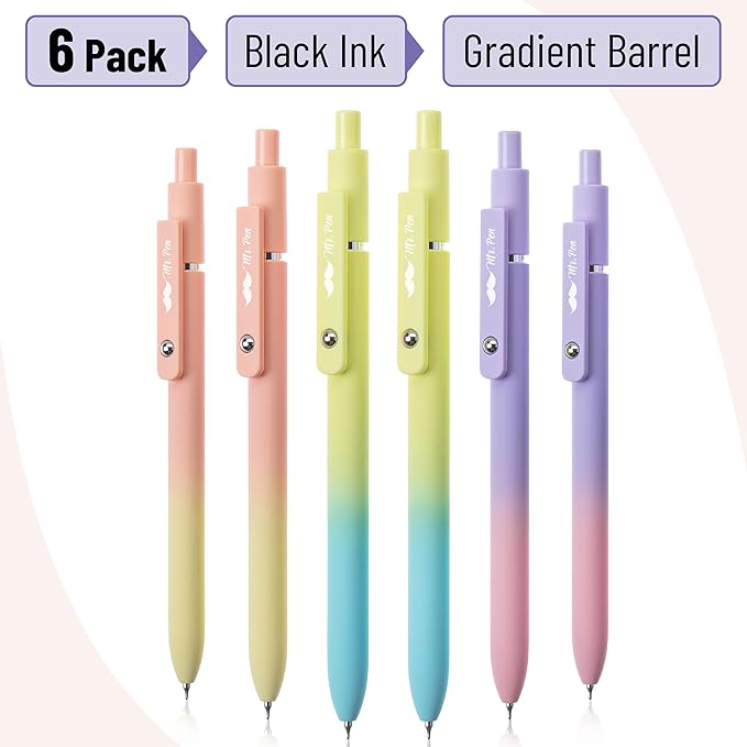 Mr. Pen- Retractable Gel Pens, 6 Pack, Gradient Color Barrels, Black Gel Pens, Fast Dry, Gel Pens Fine Point 0.5mm, Retractable Pens, Cute Pens, Gel Ink Pens, Aesthetic Pens for Journaling