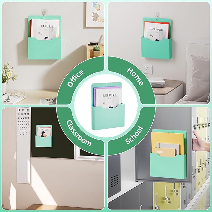 2 Pack Magnetic File Holder - Paper Holder, Pocket Organizer,Hanging Wall File Organizer Office Supplies Storage, Magazine Mail Organizer Case for Notebooks,Planners,Letter (Green)