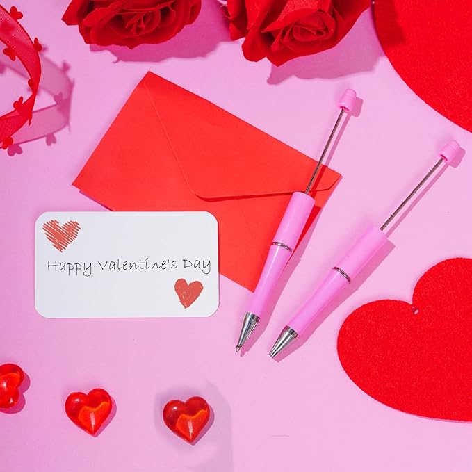 jiebor 30Pcs Pink Beadable Pens Valentines Day Plastic Bead Pen Black Ink Ballpoint Pens Diy Pens Cute Cool Pens for Teacher Bridal Graduation Gift Office Supplies