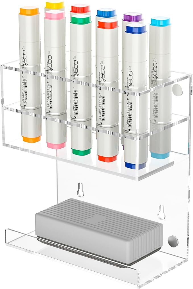 Acrylic Clear Magnetic Whiteboard Marker Holder,Wall Mounted Dry Erase Whiteboard Marker Holder Stand with 10 Marker Solts and Eraser Holder for School Office Home(Clear, 1)