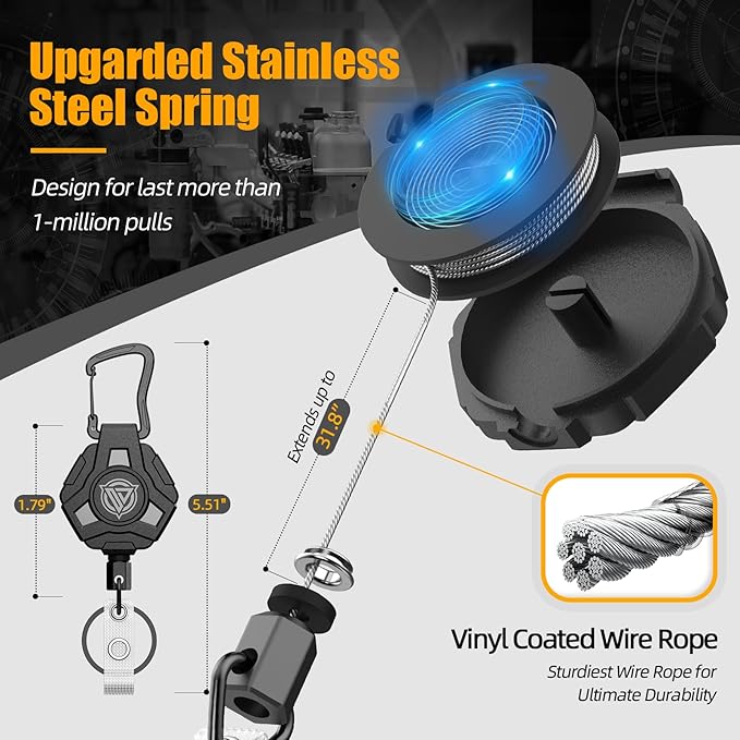 4 Pack Retractable Keychain Heavy Duty, Badge Reels Retractable, Tactical ID Badge Holder with Upgraded Zinc Alloy Carabiner, 31.5'' Coated Steel Cord, Bearing 8.0 oz