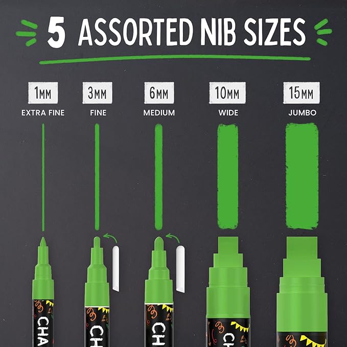 5 Green Chalkboard Chalk Pens - Green Dry Erase Markers for Blackboard, Chalkboard Signs, Windows, Glass | Variety Pack - Fine & Jumbo Size Ink Pen (1mm, 3mm, 6mm, 10mm, 15mm)