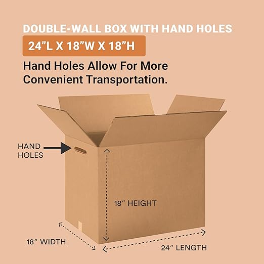 AVIDITI Double Wall 24" x 18" x 18" Cardboard Boxes with Hand Holes (10-Pack) | Large Corrugated Boxes for Shipping, Packaging, Moving, Storage Box for Home or Business, Strong Wholesale Bulk Boxes
