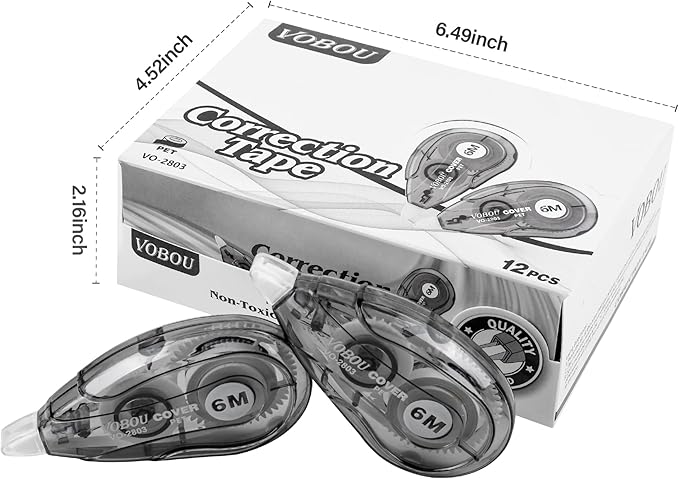 White Correction Tape, Easy To Use Applicator for Instant Corrections Wrong Writing At Any Time, For school, Office (Black, 12pack, 6M/256"x 0.2")