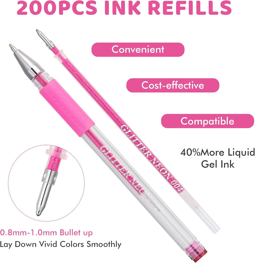 200 Colors Gel Pen Refills, Glitter Neon Gel Ink Pens Refills,Replace Cartridges for Gel Pens Set,9 Color Type for Kids Adult Coloring Books Drawing Doodling Crafts Scrapbooking Journaling,No Repeats