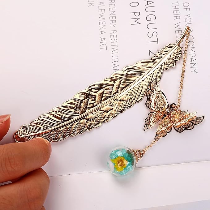 Toirxarn Gold Feather Bookmark with Butterfly Charm - Elegant Bookmarks for Women, Book Lovers Gifts, Book Marker for Reading, Teacher Appreciation Gifts, Unique Birthday Gifts, Stocking Stuffers