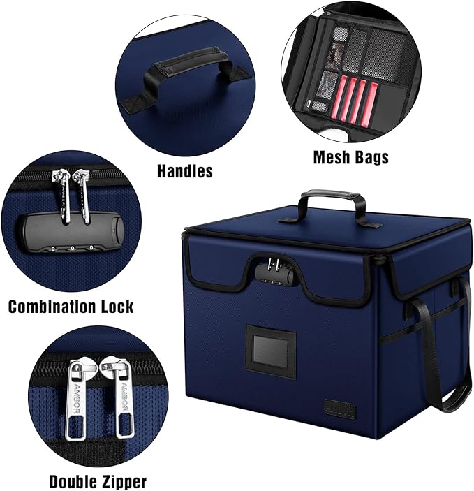 AMBOR File Box with Lock, Fireproof Document Box with 5 Tabs & Inserts, Collapsible File Organizer with Handle for Letter & Legal Size Folder/Certifications/Books Storage, Blue