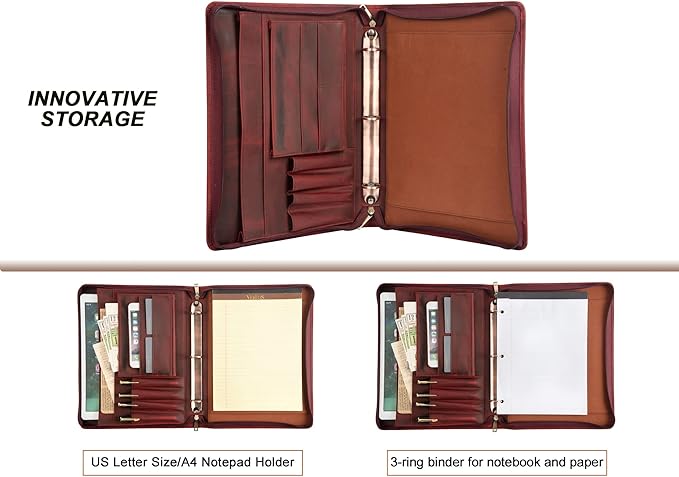Free Engraved Name, Personalized Leather Binder Portfolio, 3 Ring Binder Business Portfolio for Women, Zippered Padfolio with A4 Clipboard, Organizer for A4 Legal Sized Notepad, Customized Gift, Red