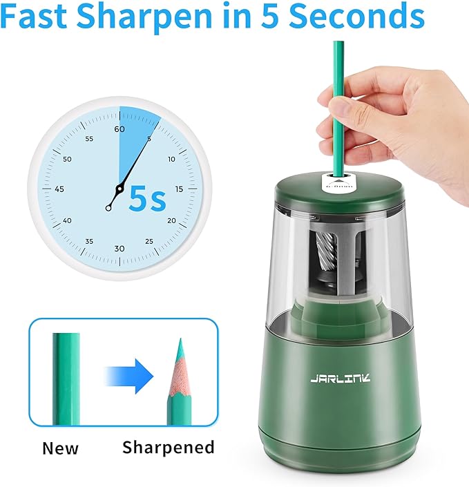 JARLINK Electric Pencil Sharpener, Heavy-Duty Helical Blade to Fast Sharpen, Auto Stop for No.2/Colored Pencils(6-8mm), USB/Battery Operated in School Classroom/Office/Home (Green)