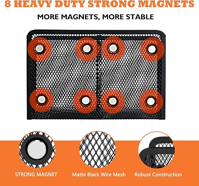 Magnetic Pencil Holder - Extra Strong Magnets Mesh Marker Holder Perfect for Whiteboard, Refrigerator and Locker Accessories (2 Baskets, 1 Pack Black)