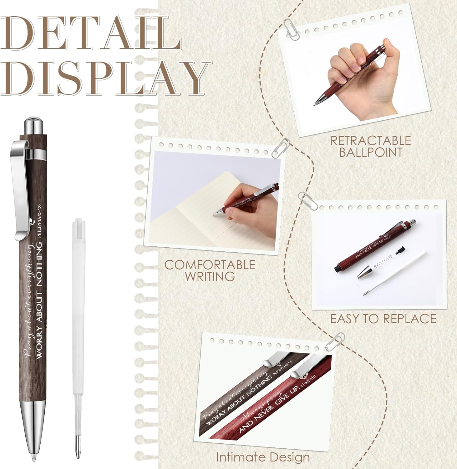 50 Pack Bible Verse Bamboo Retractable Ballpoint Pens Christian Inspirational Bible Verse Ballpoint with Black Ink Pen for Journal Writing Office Supplies Religious Gifts for Men Women(Wood Color)