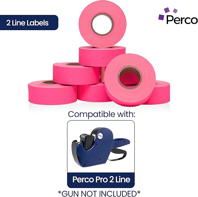 Perco 2 Line Fluorescent Pink Labels - 32 Rolls, 4 Sleeves, 24,000 Blank Price and Date Gun Labels for Perco 2 Line Price and Date Guns - Made in USA