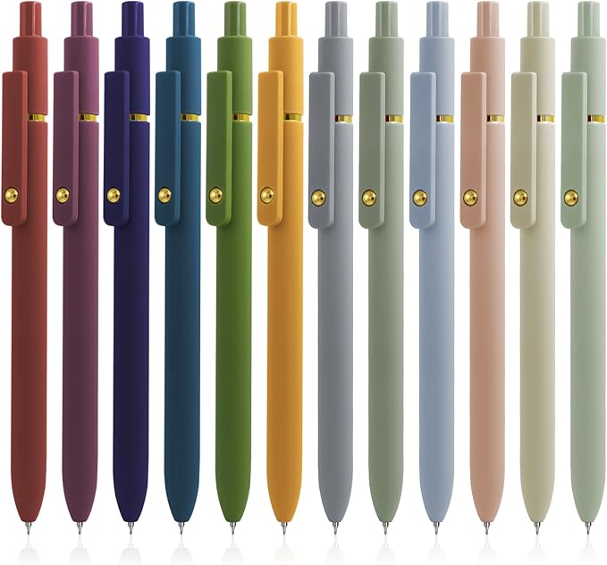 UIXJODO Gel Pens, 12 Pcs Black Ink Pens for Women, 0.5mm Fine Point Smooth Writing Pens, High-End Series Retractable Pens for Journaling Note Taking (12 Pcs Gold Morandi and Vintage)