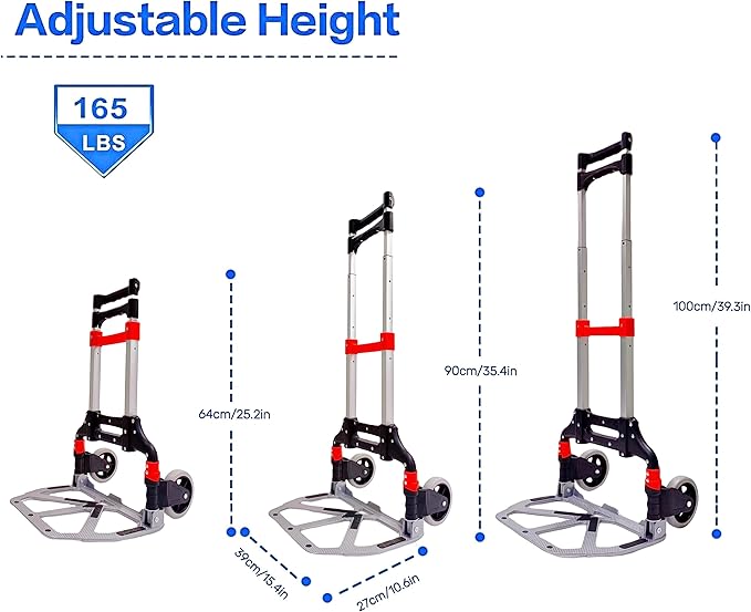 Folding Hand Truck with 2 Silent TPR Wheels, 165lbs Capacity Lightweight Portable Folding Dolly Multi-fuctional Foldable Hand Cart Heavy Duty Utility Cart for Home Office and Travel Use