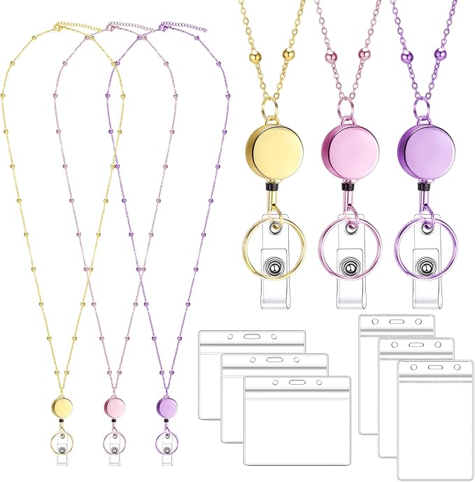 Lanyards for Id Badges 3 Pack Badge Lanyard with 6 Pcs Id Badge Holder Retractable Stainless Steel Teacher Lanyards Cruise Ship Essentials for Girl Women (Gold, Pink, Purple)