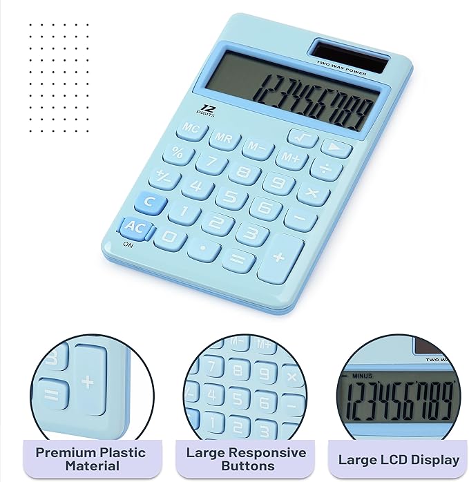 Mr. Pen- Standard Function Calculator, 12 Digits, Small Calculator, Light Blue Solar Calculator, Pocket Calculator, Simple Calculator, Basic Office Calculators, Solar Handheld Calculator