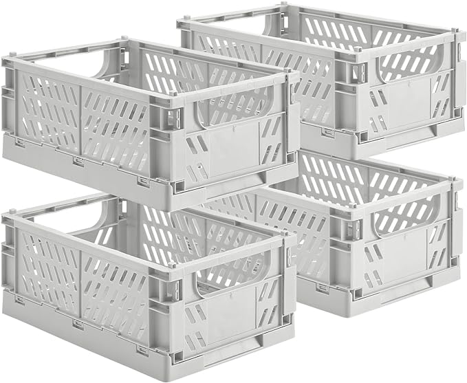 4-Pack Small Pastel Plastic Storage Baskets, Collapsible Crates for Organizing, Space-Saving Mini Bins for Classroom, Kitchen, Office, Bedroom (Grey, 9.8" x 6.5" x 3.8")