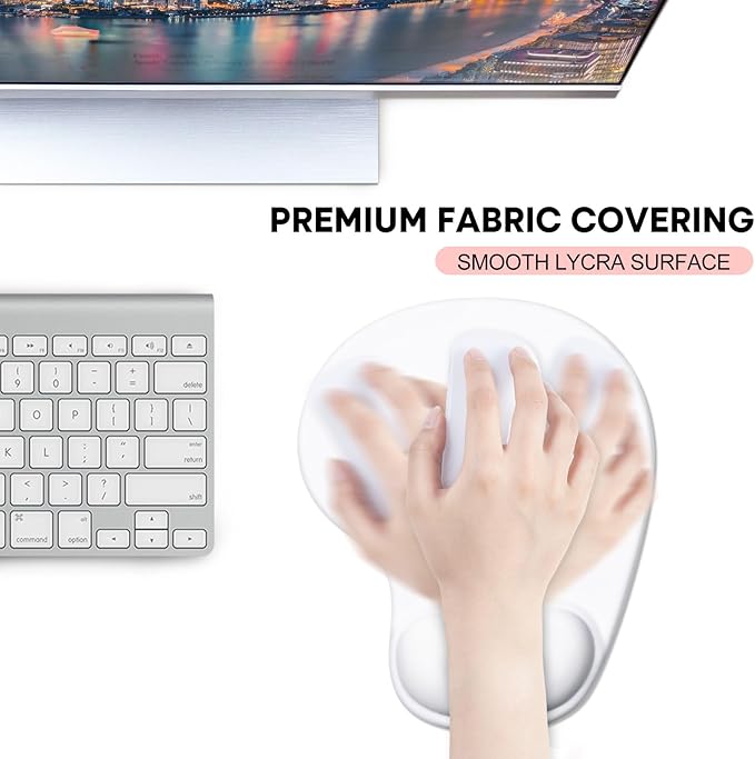 JIKIOU Mouse Pad, 2 Pack Ergonomic Mouse Pads with Comfortable Gel Wrist Rest Support and Lycra Cloth, Non-Slip PU Base for Easy Typing Pain Relief Durable and Easy to Clean Small White