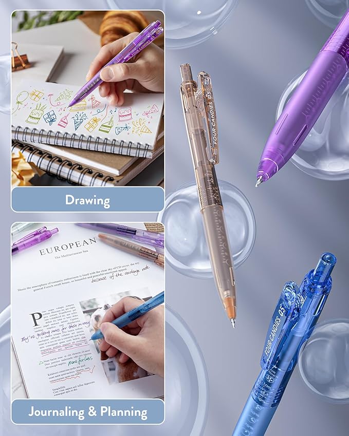 Four Candies 12Pack 0.5mm Quick Dry Retractable Gel Pen Set, Cute Transparent Fine Point Multicolor Note Taking Aesthetic lnk Pens, Comfort Grip 12 Ink Colors Drawing Writing School Office Home