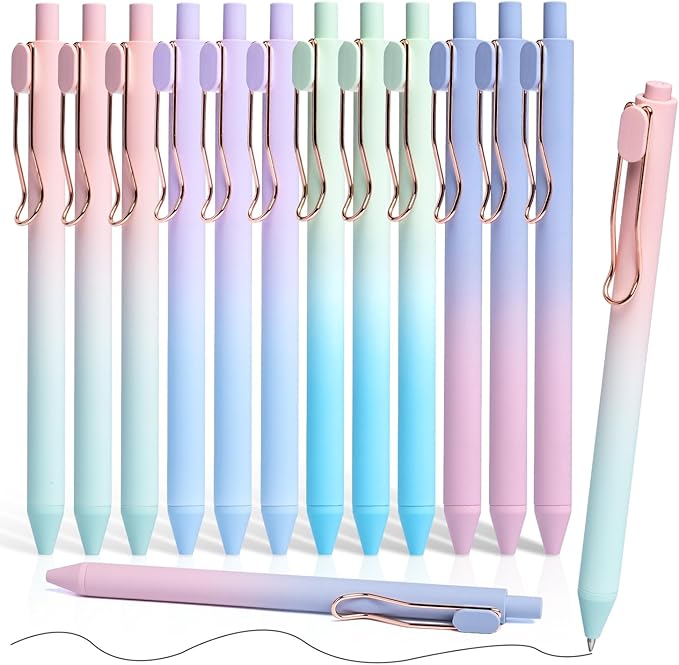 Gel Pens, 12 Pcs Smooth Writing Pens No Bleed & Smear, Black Ink Cute Pens Fine Point (0.5mm), Retractable Aesthetic Journaling Pens School Office Supplies for Women & Men