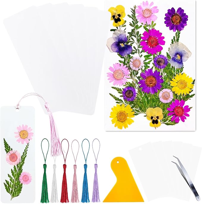 Cardstock Blank Bookmarks Set, 6 Pcs DIY White Craft Bookmarks for Pressed Flowers, Dried Flower Bookmark Making Kit with 22 Pcs Pressed Flowers, 6 Pcs Tassels, DIY Bookmarks for Dried Flowers
