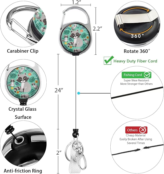 Raccoon Lanyards for Id Badges, Cute Badge Reel Heavy Duty with Carabiner Clip, Fashionable ID Badge Holder with Breakaway Lanyard, Teacher Nurse Office Christmas Gifts