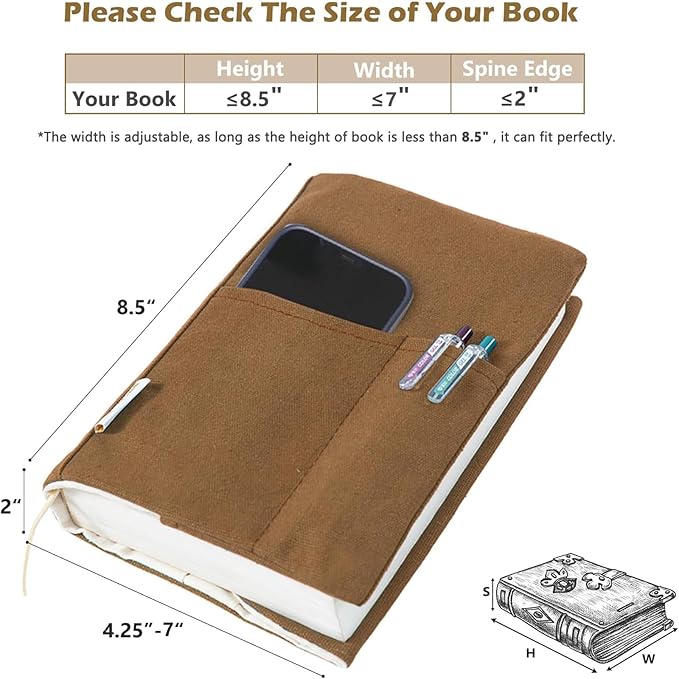 Canvas Book Covers, Washable Book Protector, Book Cover for Paperback Novels, Adjustable Book Cover for Hardcover with Pockets for Pen, Soft Cover Books, Book Lovers Gifts