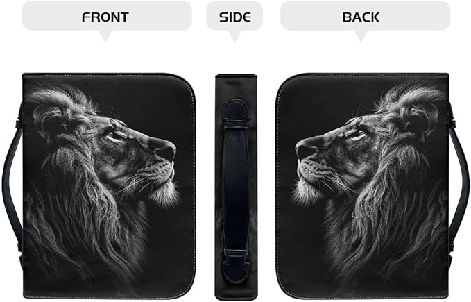 Lotusorchid Lion Print Faux Leather Bible Covers for Men, Portable Zippered Bible Carrying Case Bible Tote Bag for Women Girls, Christian Bible Study Accessories, Black, XL