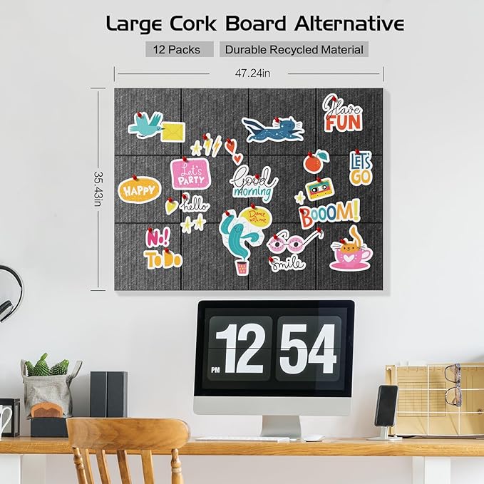 Large Cork Board Alternative 48"x36" Cork Board Felt Wall Tiles 12 Packs Bulletin Board Safe Removable No Damage for Walls Office School Tack Board Felt Letter Board Pin Board with Numbers & Pushpins