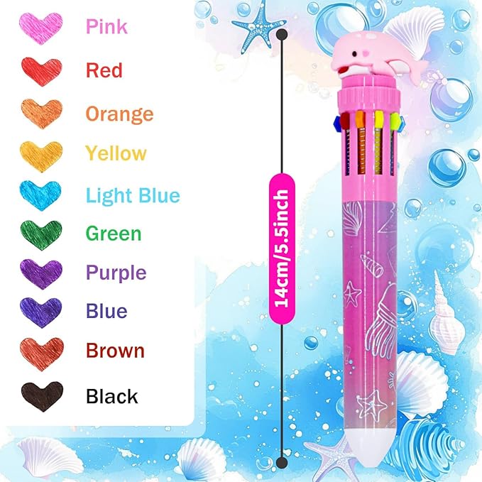 Multicolor Ballpoint Pen 0.7 mm, 10-in-1 Colored Pens Fine Point Retractable Cute Cartoon Ocean Animal Ballpoint Pens for Office School Students Kids Christmas Gift, 6 Pack