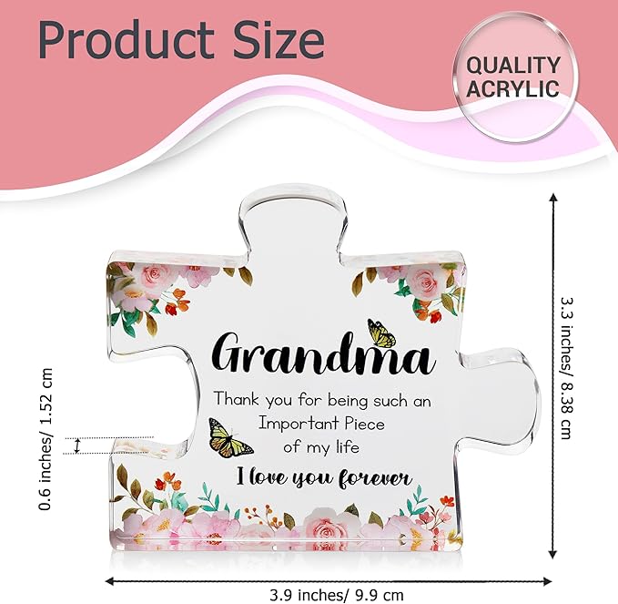 VELENTI Gifts for Grandma - Engraved Acrylic Puzzle Piece - Adorable Grandma Presents for Birthday, Christmas, Thanksgiving Paperweights - Elegant Decorative Plaque with Lovely Quote - Chic Home