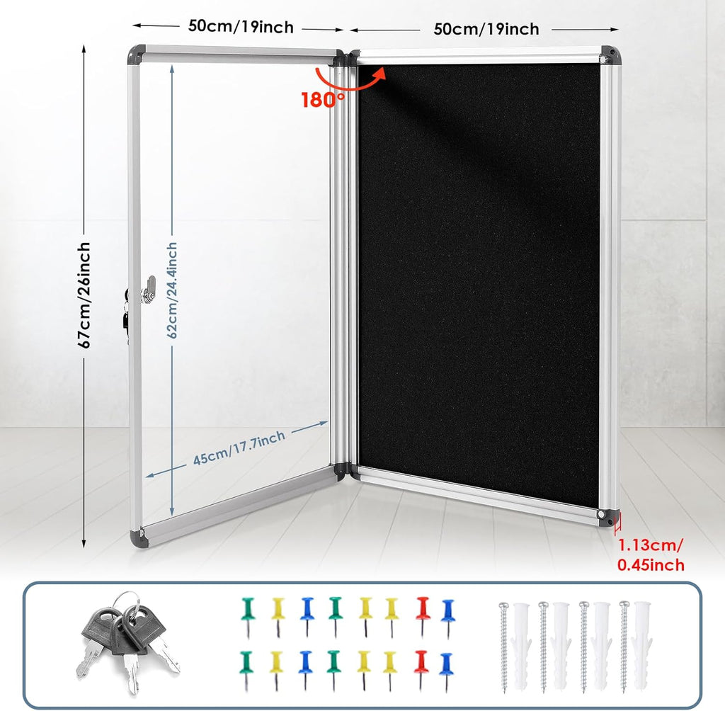 Enclosed Bulletin Board Lockable Display Case Message Board with Locking Door for Indoor, Black Felt, Silver Aluminum Frame, 26x20inch(4XA4)