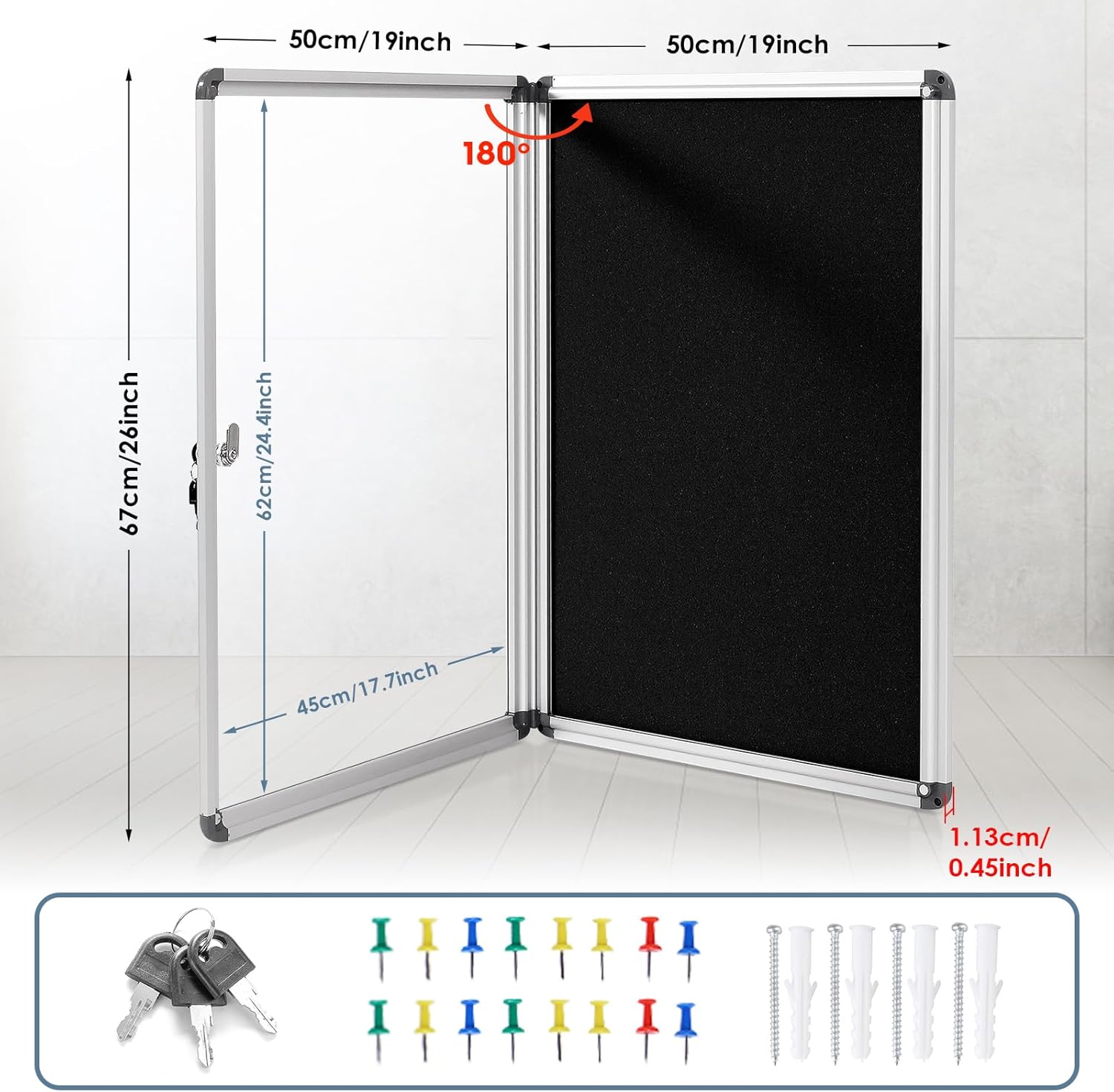 Enclosed Bulletin Board Lockable Display Case Message Board with Locking Door for Indoor, Black Felt, Silver Aluminum Frame, 26x20inch(4XA4)