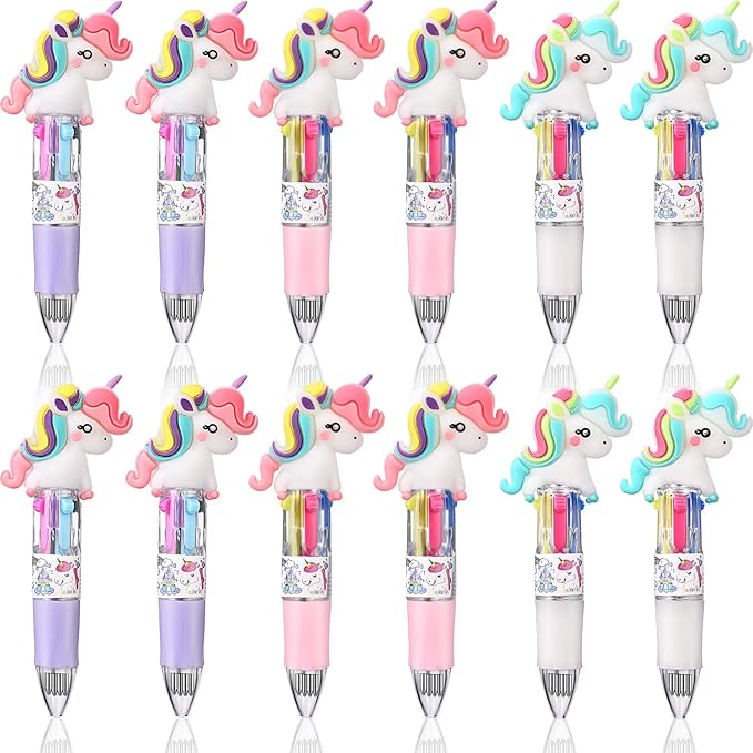 Chinco 12 Pieces Retractable Unicorn Pens 4-in-1 Multicolor Ballpoint Pen Unicorn Candy Party Favor Colored Ink Mini Party Favors for Girls Kids Classroom Prizes Birthday Gifts(Curly Hair Unicorn)