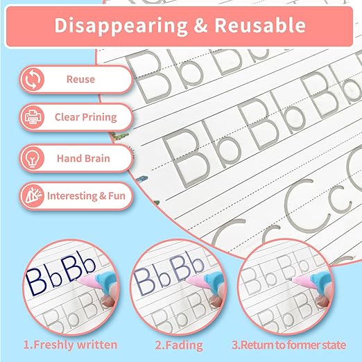 Reusable Grooved Handwriting Practice Workbook,Magic Practice Copybook,Reusable Writing Practice Book, for Preschool Kids Age 3-8 Calligraphy (Pink Bag, 10.3inx7.3in)