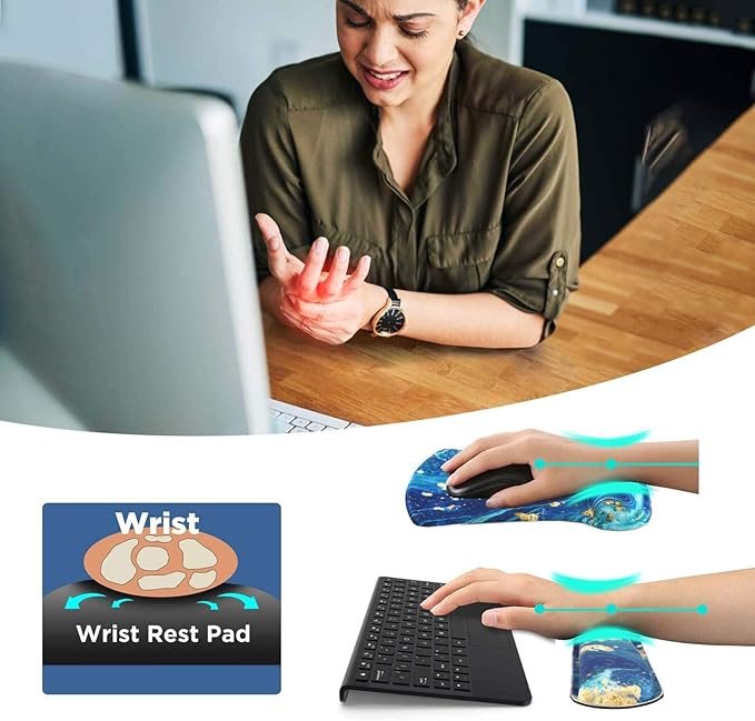 iCasso Keyboard Wrist Rest and Mouse Wrist Rest Pad, Made of Memory Foam, Ergonomic Support, Easy Typing and Relieve Wrist Pain, Perfect for Gaming, Computer, Office, Laptop (F-Blue Gold)