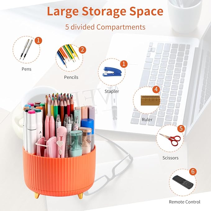 Desk Pencil Pen Holder, 5 Slots 360°Degree Rotating Pencil Pen Organizers for Desk, Desktop Storage Stationery Supplies Organizer, Cute Pencil Cup Pot for Office, School, Home, Art Supply, Orange