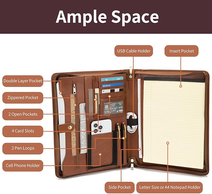 Genuine Leather Portfolio Binder, Zippered Padfolio for Men Women, Business Folio with 8.5” x 11” Notebook Holder and 13” Laptop Sleeve, Professional Executive Folder, Brown, Oil Tanned